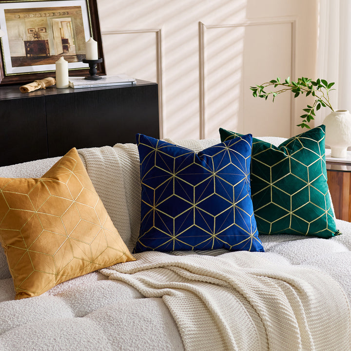 Embroidered Velvet Geometric Square Throw Pillow Cover with Metallic Stitching