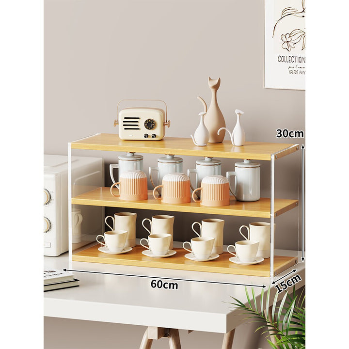 Multi-Level Bamboo-Style Countertop Kitchen Mug and Canister Organizer Shelf with Open Wood Shelves and Slim Metal Frame