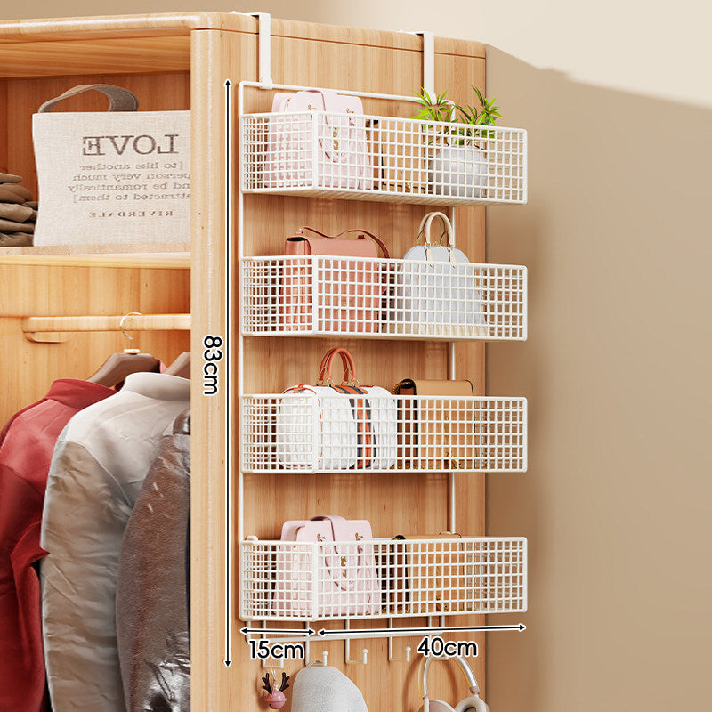 Over-the-Door Metal Grid Hanging Organizer with Four Stackable Baskets and Hooks