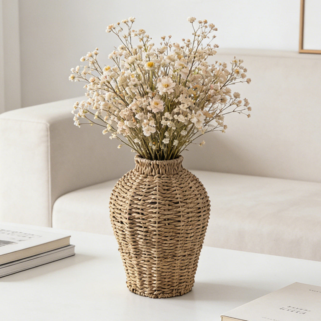 Decorative basket vase made of woven natural material