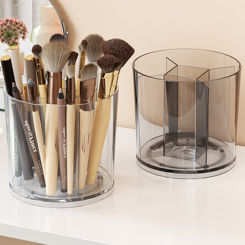 Rotating Clear Acrylic Makeup Brush and Cosmetic Organizer with Multi-Compartment Dividers