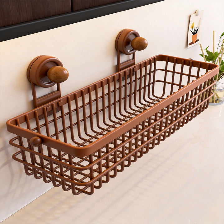 Suction-Mounted Rectangular Bathroom Vanity Organizer Basket with Drainage Grid and Removable Cup