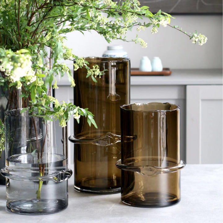 Hand-Blown Smoked Glass Cylindrical Centerpiece Vase with Decorative Mid-Ring
