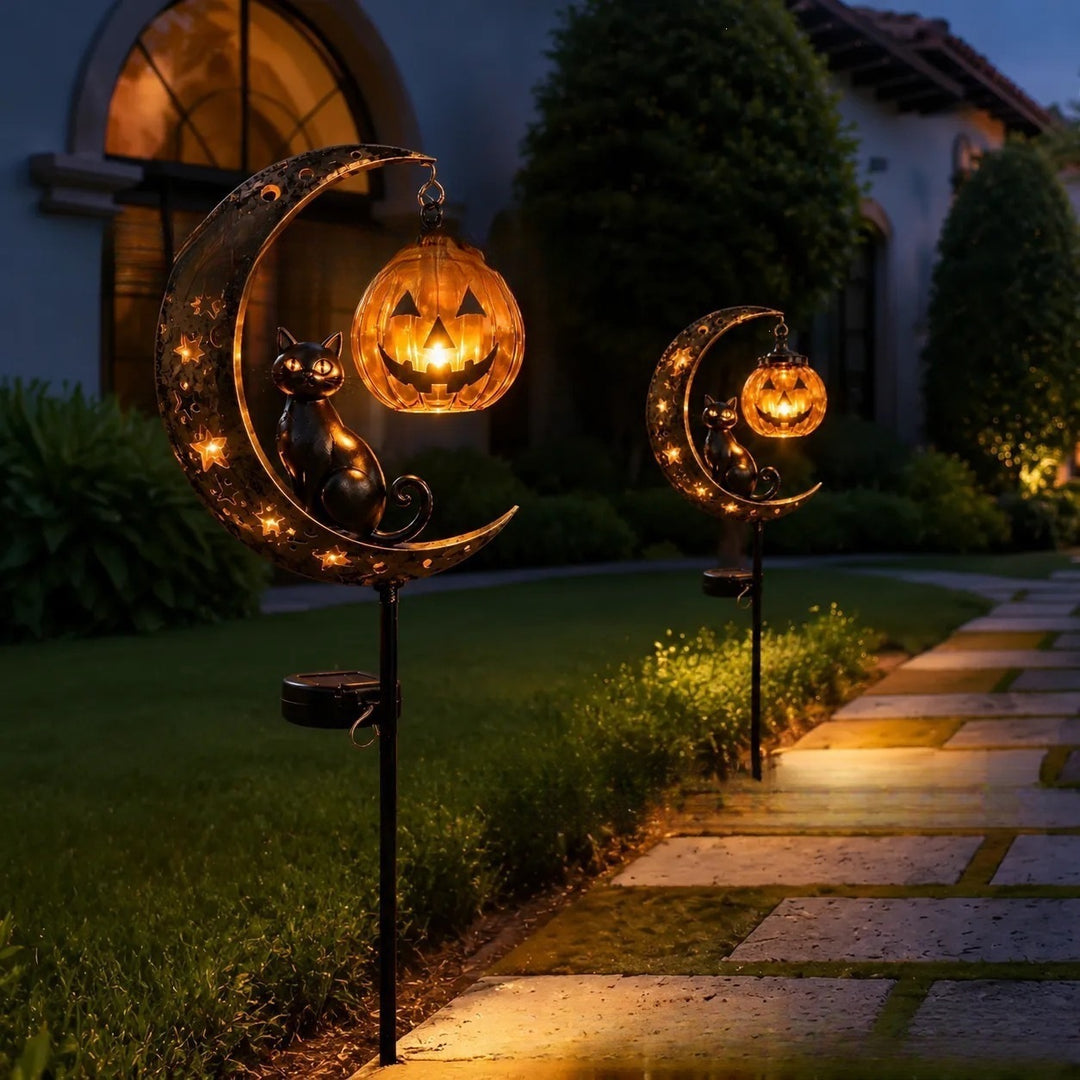 Solar-powered Half-moon Garden Stake Lantern with Cat Silhouette