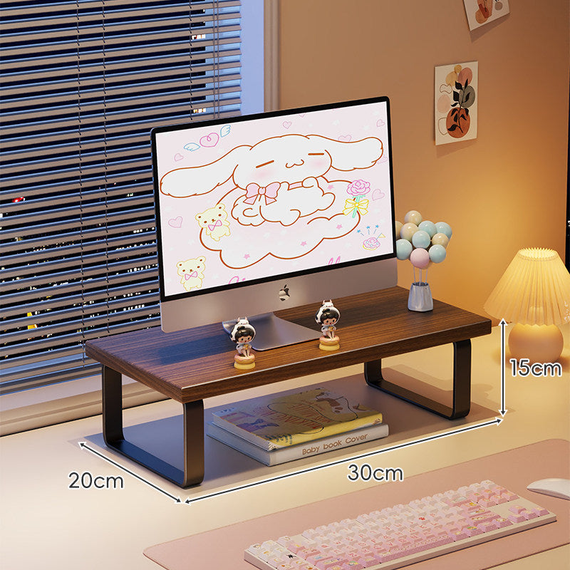 Elevated Monitor Riser Stand with Wood-Effect Top Metal Frame and Under-Shelf Storage