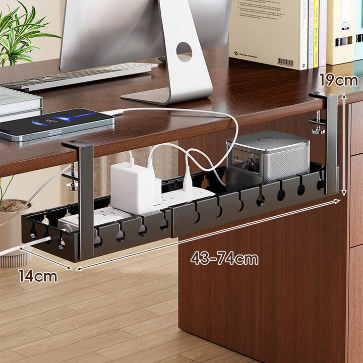 Under-Desk Adjustable Clamp-On Cable Management Tray with Power Strip Holder
