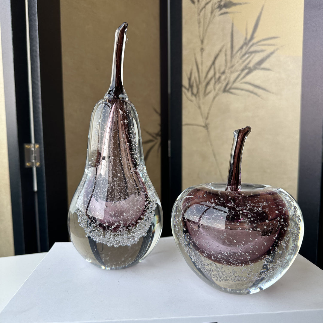 Handblown Art Glass Pear Paperweight with Encased Air Bubbles