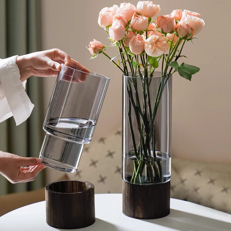 High-quality glass vase with wooden base