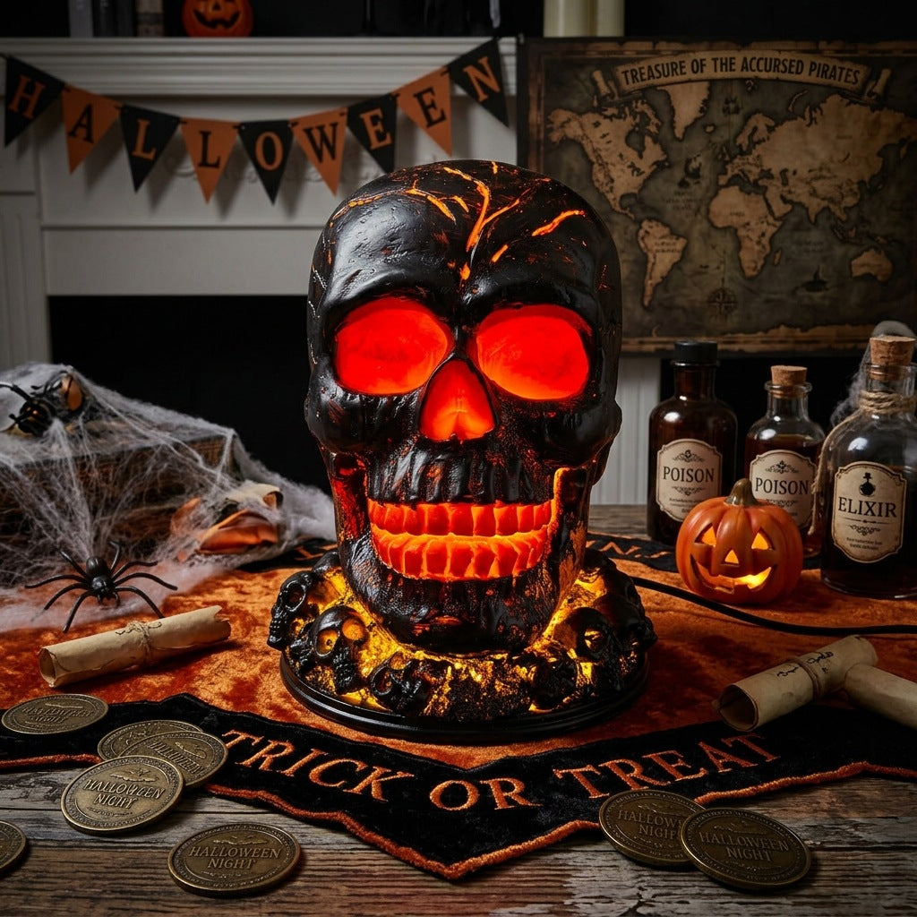 Gothic Skull Table Lamp with Flickering LED Eye Effects and Weathered Shade