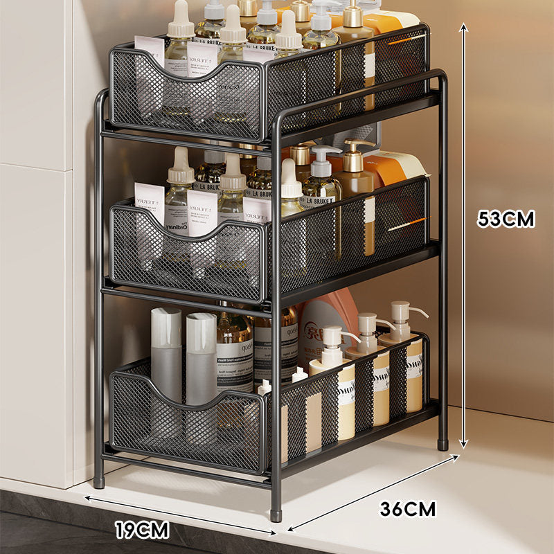 Three-Tier Sliding Mesh Drawer Cabinet Organizer for Kitchen and Bathroom