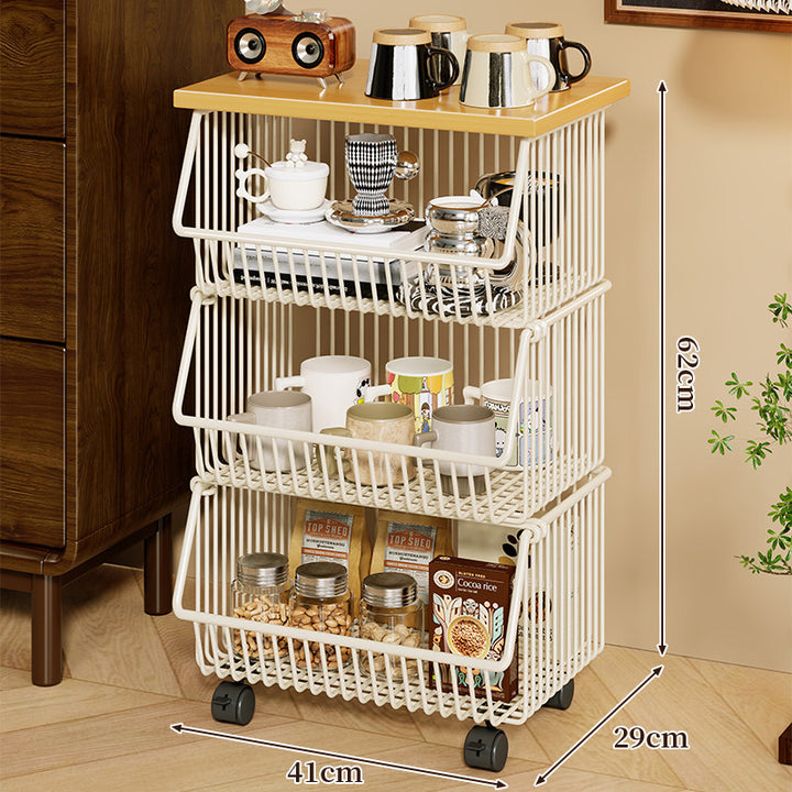 Four-Tier Industrial Wire Basket Cart with Wood Top and Swivel Locking Casters