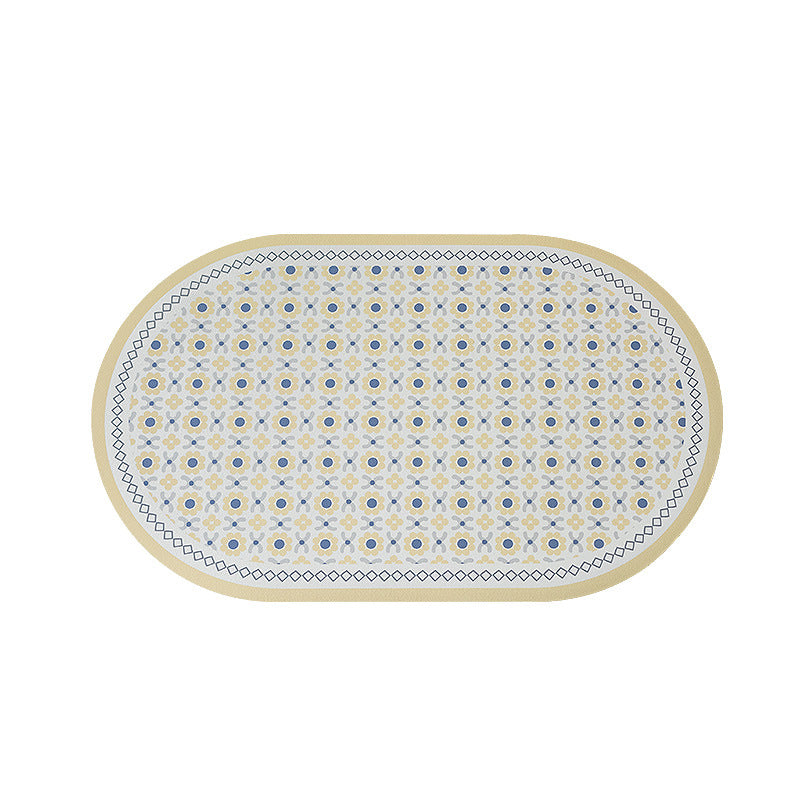 Oval non-slip vinyl mat with fine mosaic print and water-repellent surface