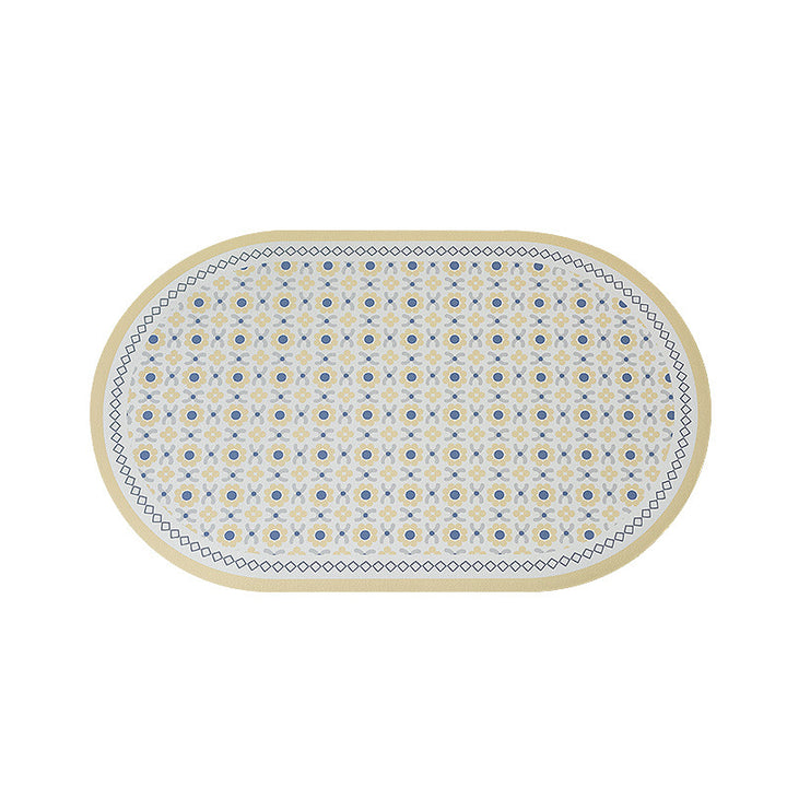 Oval non-slip vinyl mat with fine mosaic print and water-repellent surface