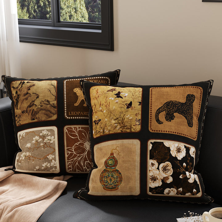 Decorative Patchwork Velvet Throw Pillow Cover with Asian-Inspired Scenic Panels and Metallic Gold Accents