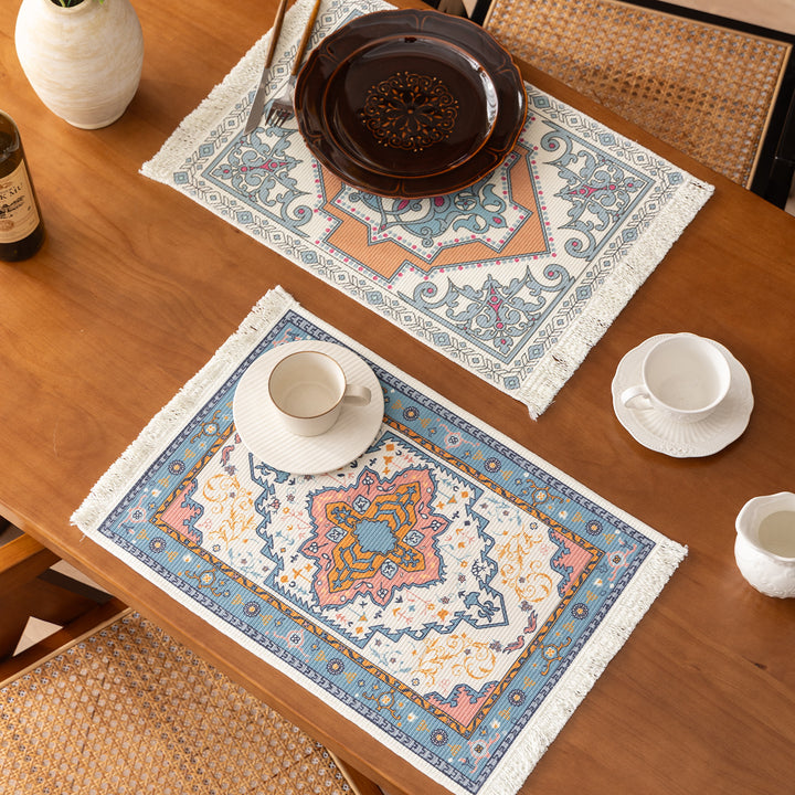 Rectangular short-pile rug in oriental medallion design with fringes