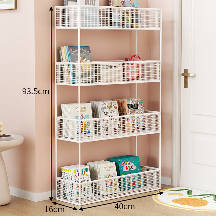 Industrial Metal Mesh Four-Tier Narrow Bookshelf Organizer