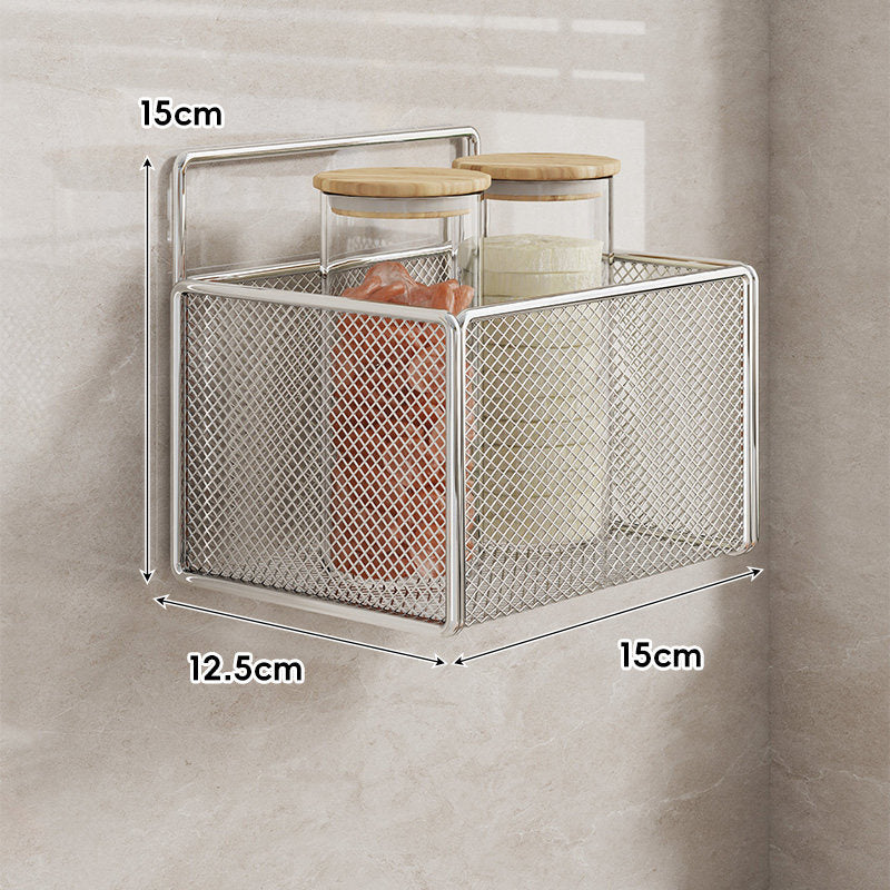 Wall-Mounted Mesh Multi-Purpose Kitchen Shelf with Hooks and Ventilated Basket