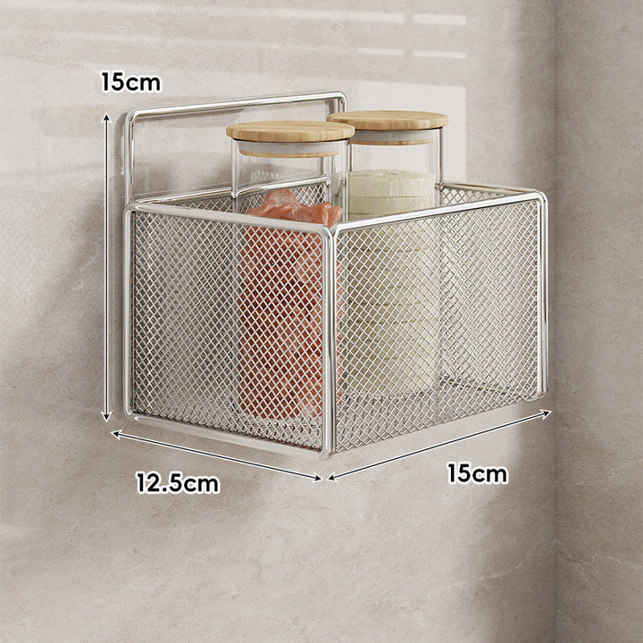 Wall-Mounted Mesh Multi-Purpose Kitchen Shelf with Hooks and Ventilated Basket