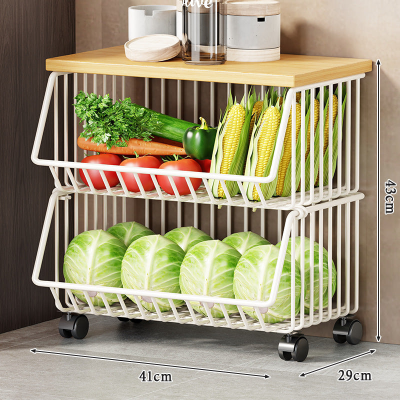 Slim Vertical Rolling Wire Produce and Pantry Organizer Cart with Wood Top