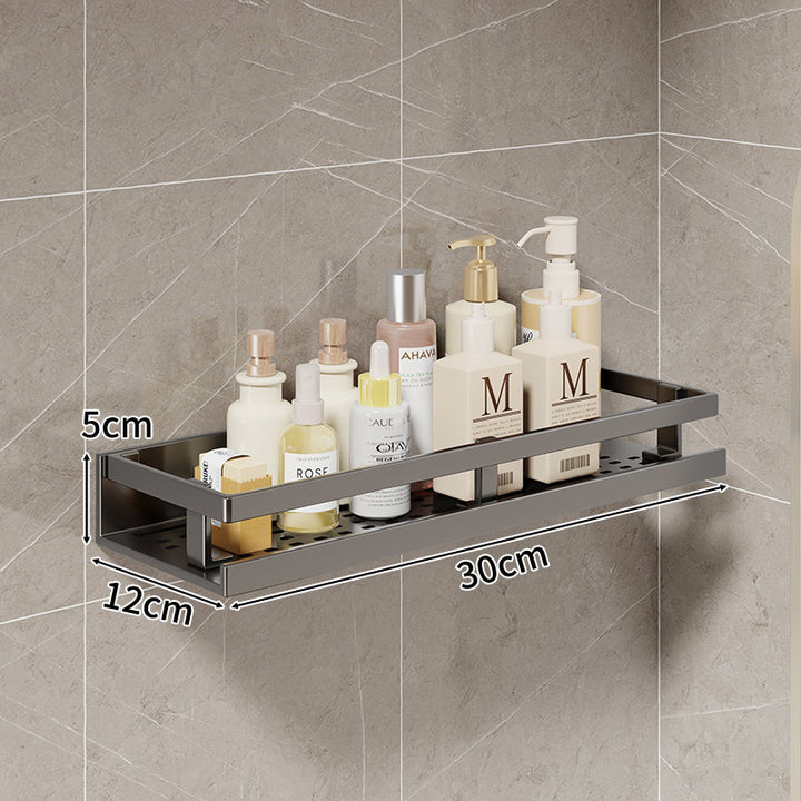 Compact Wall-Mounted Bathroom Shelf with Integrated Towel Rail and Multi-Hook Metal Organizer