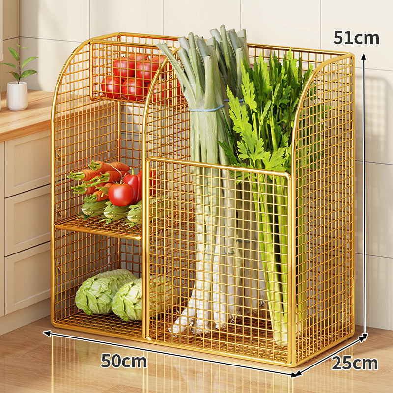 Rolling Metal Mesh Produce Storage Cart with Tall Vertical Compartment and Removable Shelves