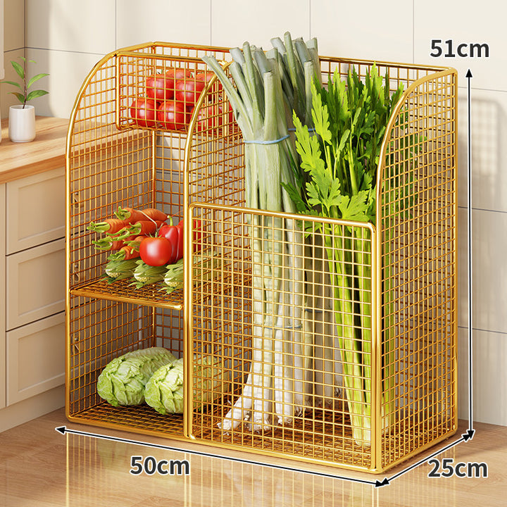 Rolling Metal Mesh Produce Storage Cart with Tall Vertical Compartment and Removable Shelves