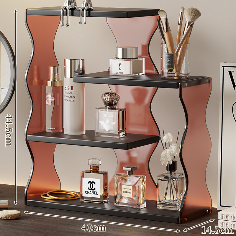 Acrylic Wave-Side Three-Tier Countertop Cosmetic Organizer with Wood Shelves