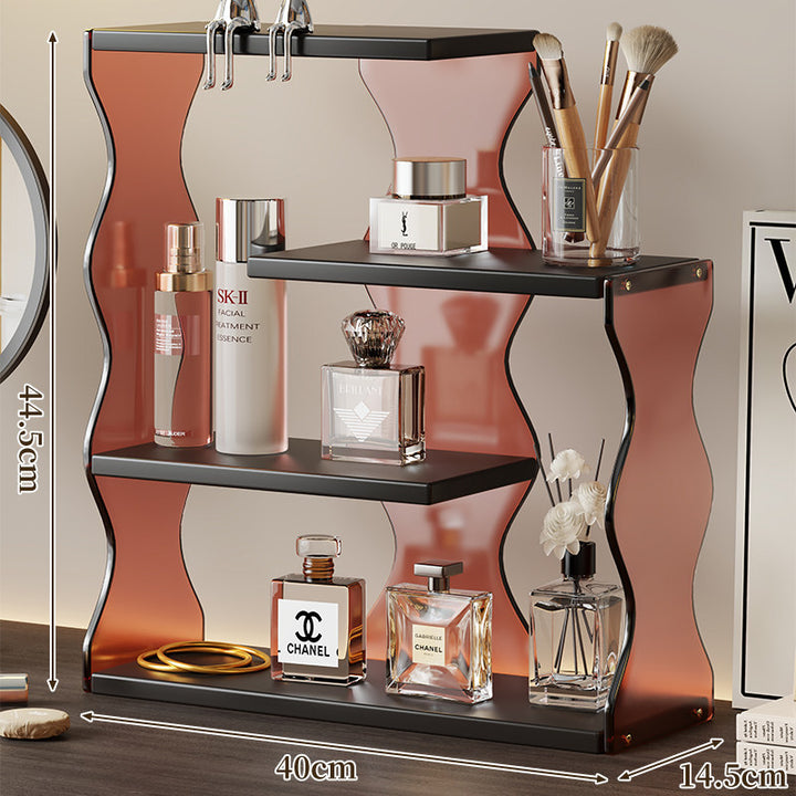 Acrylic Wave-Side Three-Tier Countertop Cosmetic Organizer with Wood Shelves