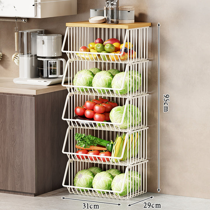 Multi-Tier Rolling Kitchen Pantry Cart with Wood Top and Deep Wire Storage Baskets