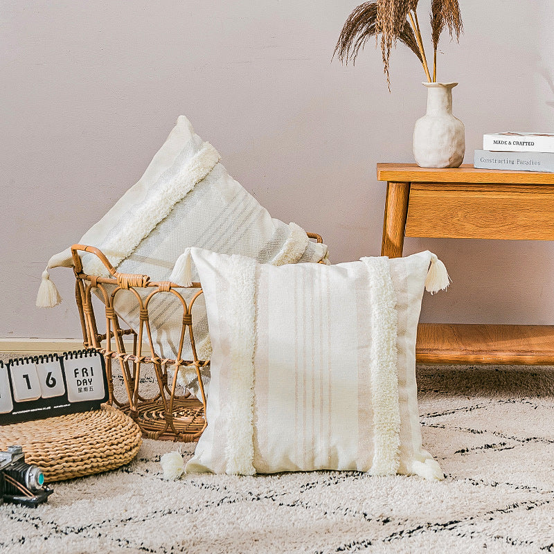 Square decorative cushion cover with boucle trims, tassels, and concealed zipper