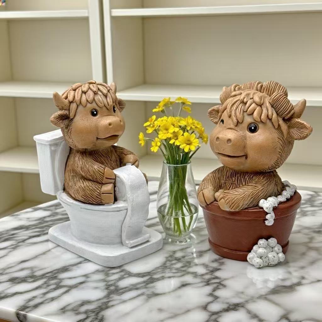 Funny decorative figure of a Highland cow on toilet