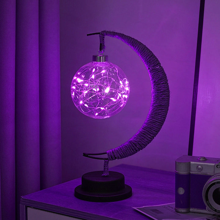 Decorative glass apple LED table lamp with moon-shaped rope-wrapped stand