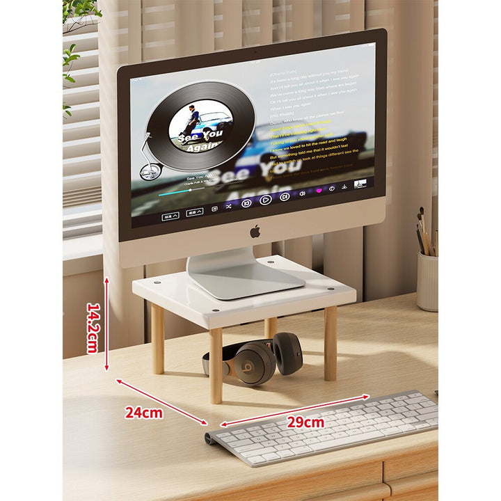 Compact Elevated Monitor Riser Stand with Wooden Legs and Under-Storage