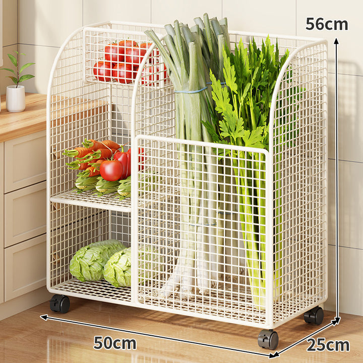 Rolling Metal Mesh Produce Storage Cart with Tall Vertical Compartment and Removable Shelves