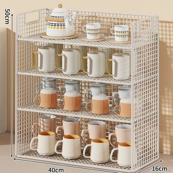 Three-Tier Wire Grid Countertop Display Shelf with Faux-Wood Removable Trays