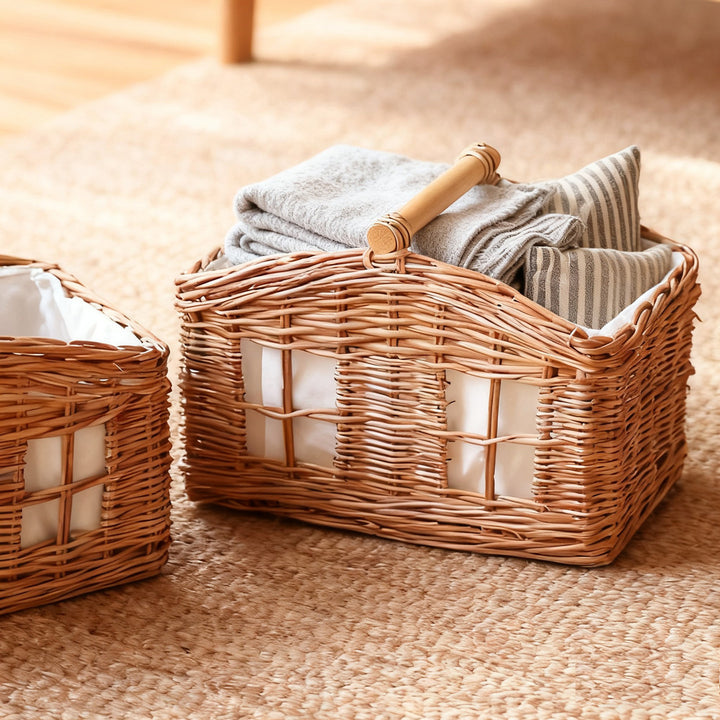 Rustic storage basket with linen lining