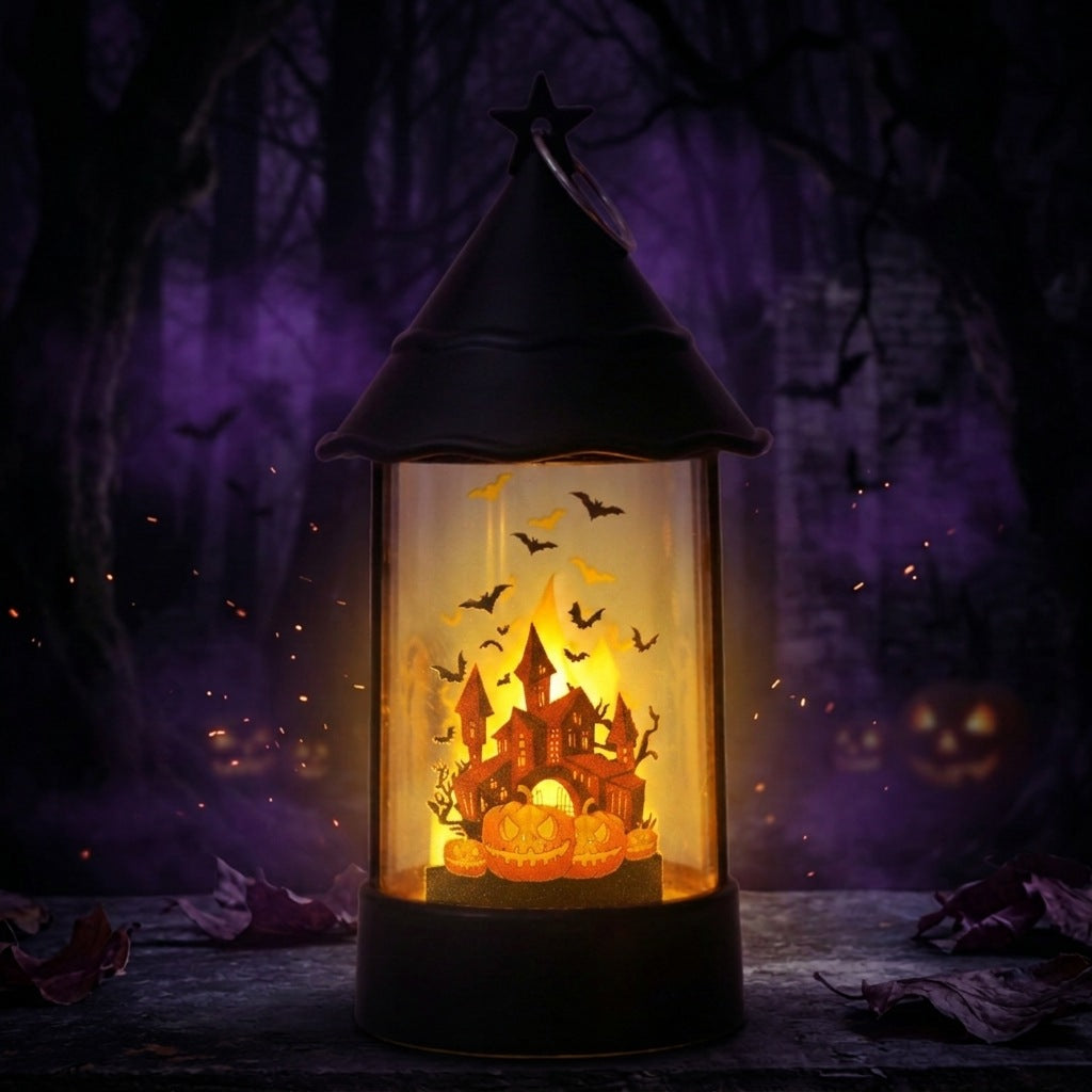 Halloween LED Lantern with Animated Haunted House Diorama