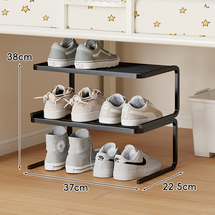 Compact Low-Profile Two-Tier Powder-Coated Metal Shoe Organizer