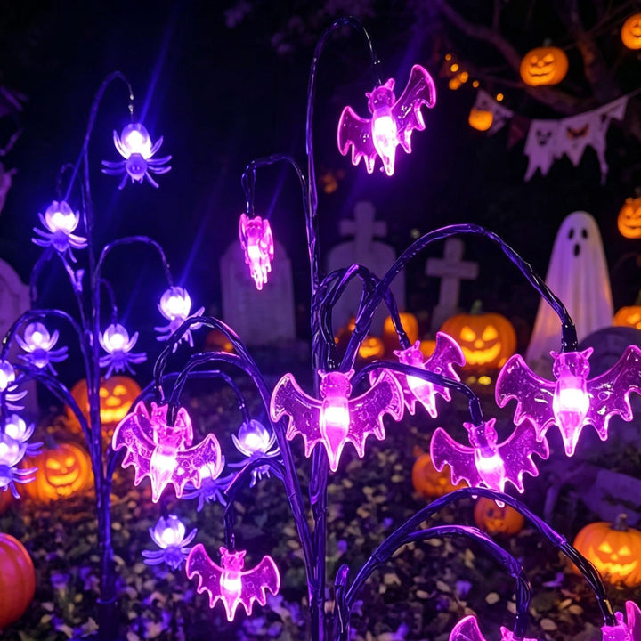 Battery-operated animated bat and spider LED string lights for outdoor Halloween display