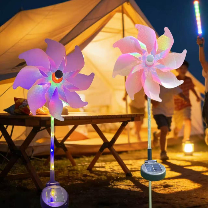 Solar-powered LED iridescent flower windmill garden stake