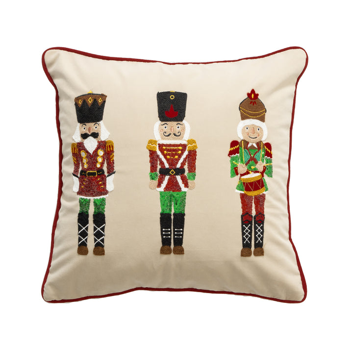 Christmas decorative pillow with nutcracker embroidery and piping edge