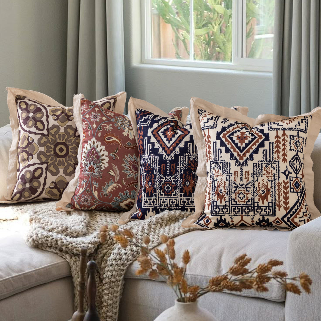 Decorative linen cushion cover with ethnic pattern