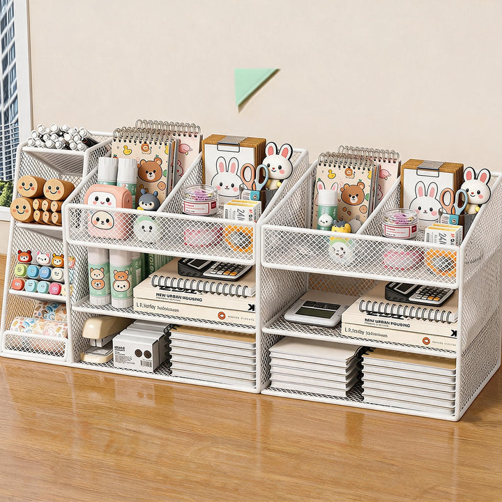 Desktop Mesh Organizer with Multi-Compartment Stationery and Document Storage