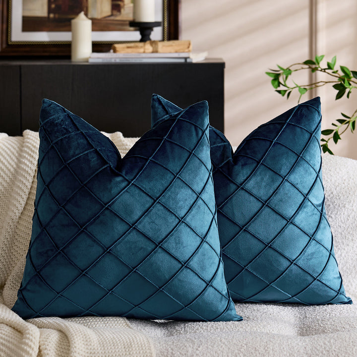 Quilted Diamond Velvet Throw Pillow Cover with Hidden Zipper and Plush Insert Support