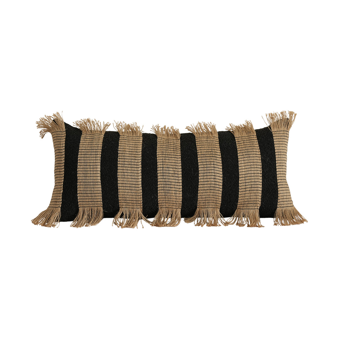 Rectangular decorative cushion with fringes and woven stripes