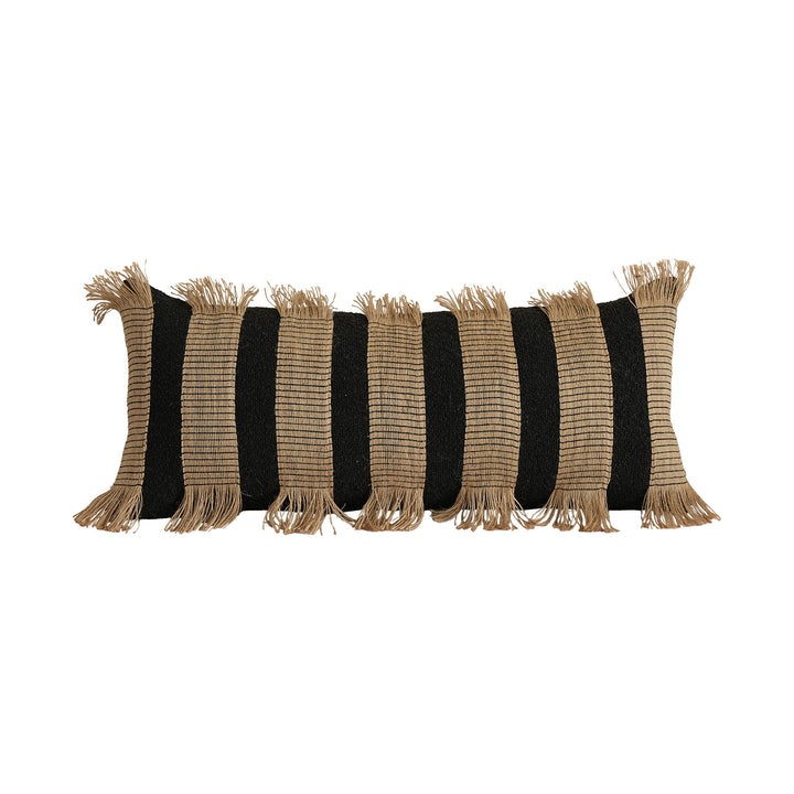Rectangular decorative cushion with fringes and woven stripes
