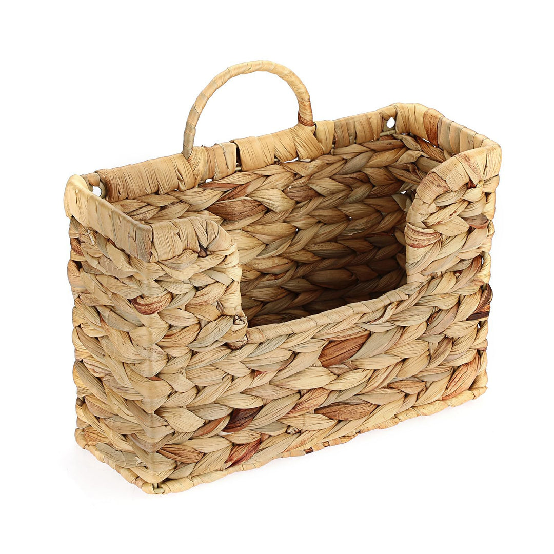 Wall shelf made of untreated wood with rattan inserts