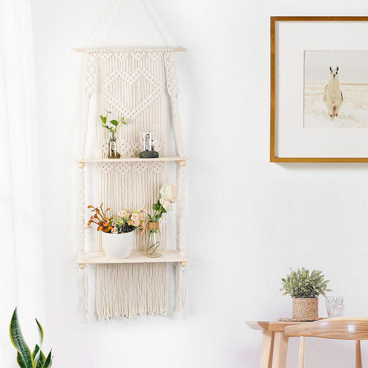 Macrame shelf board with heart design