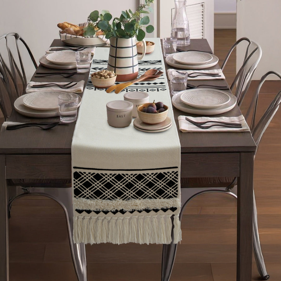 Boho table runner made of cotton blend with woven ethnic jacquard and decorative fringes