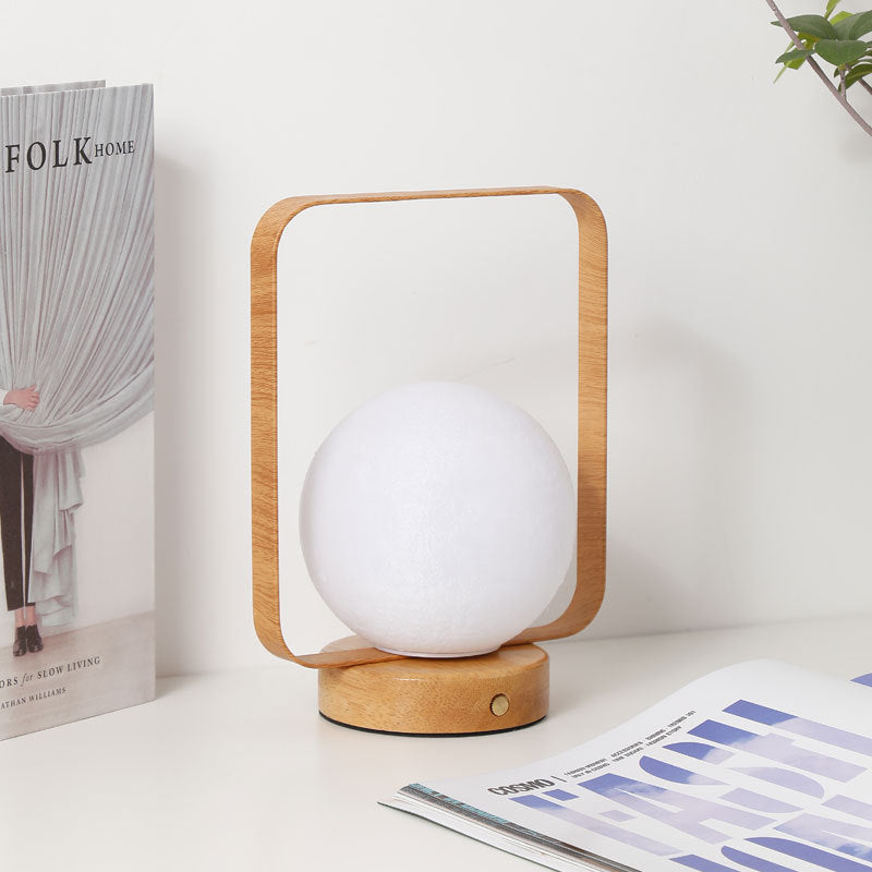 Moon Globe Ambient Table Lamp with Wooden Base and Copper Frame